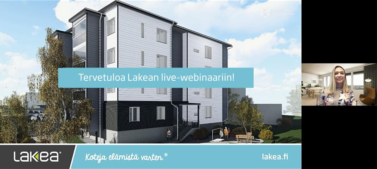 Kuvakaappaus Lakean live-webinaarin aloitussivusta, jossa on talon kuva sekä asuntomyyjä.