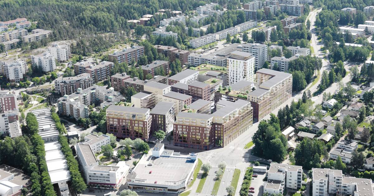 Havainnekuva Helsingin Mellunkylään rakennettavasta Mellunpuiston korttelista.
